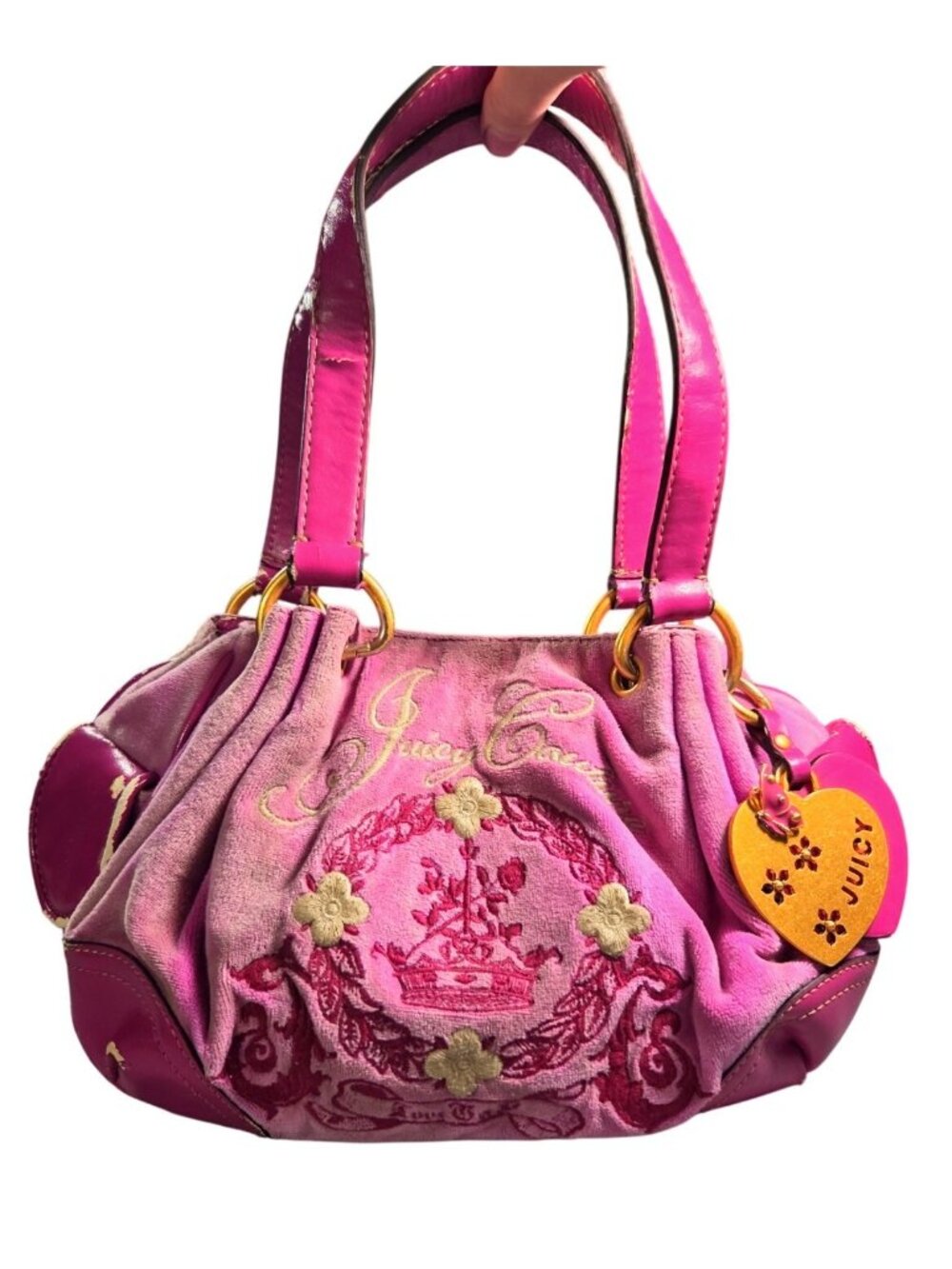VTG Y2K Juicy Couture Pink Velour Crown Crest Bowler Bag Floral Charm Flawed